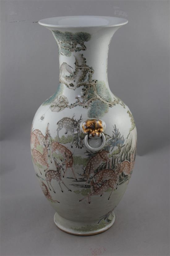 A large Chinese deer enamelled porcelain vase, Republic period, 50.5cm.